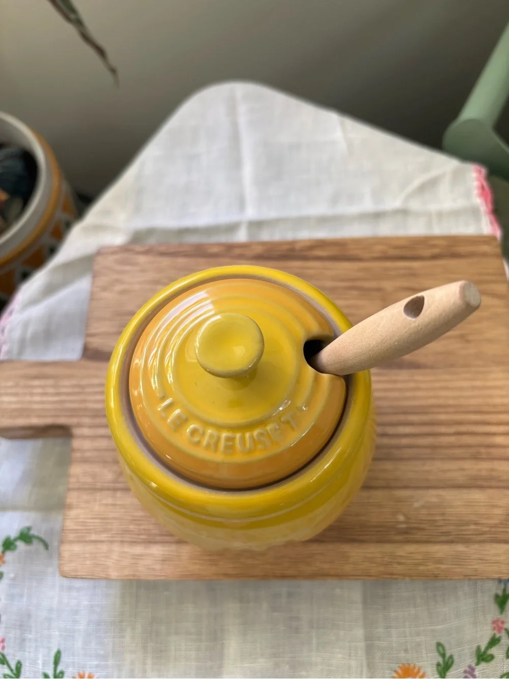 Le Creuset Discontinued Yellow Ceramic Honey Pot with Wooden Dipper